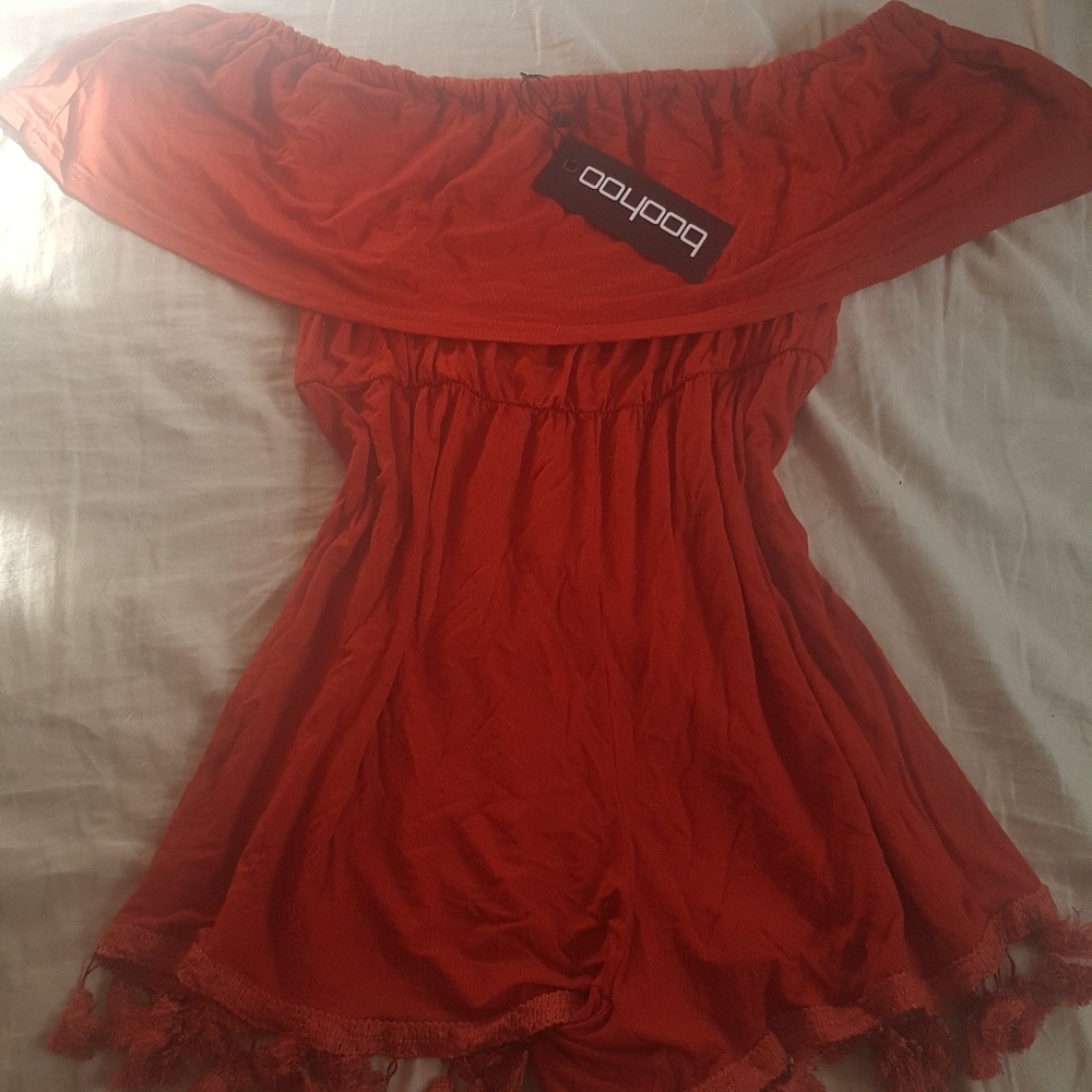 Off the shoulder tassel romper